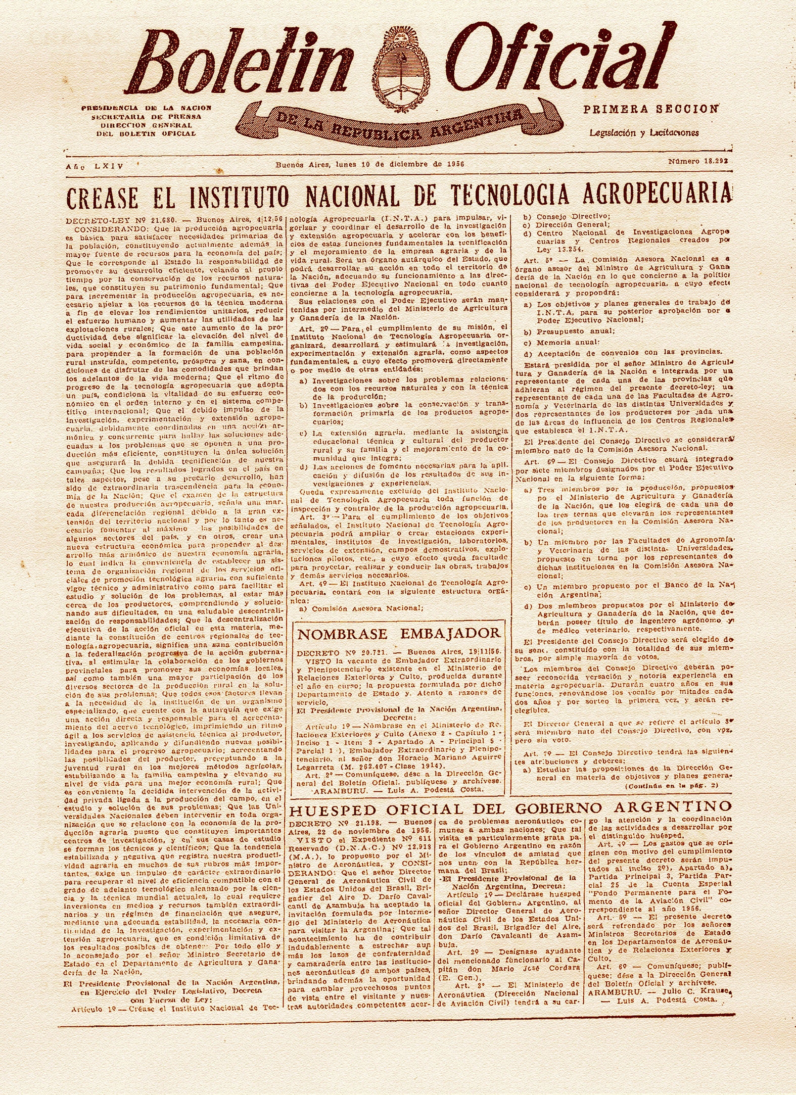 Ley de creación del INTA publicada en el Boletín Oficial de la República Argentina