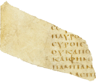 Fragment of a vellum codex from the fourth or fifth centuries AD, showing choral anapaests from Medea, lines 1087–91; tiny though it is, the fragment influences modern editions of the play[nb 4]