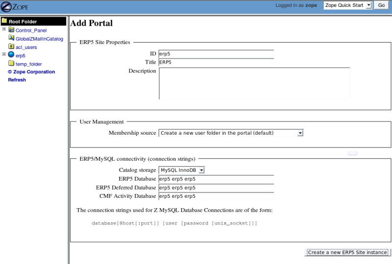 The ERP5 creation dialog page