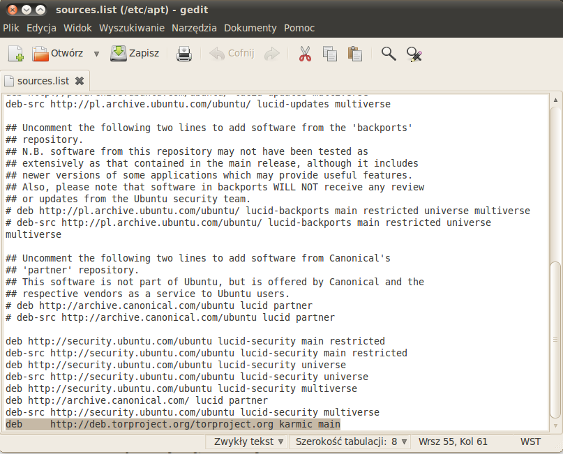 Deb sources list. Gedit.
