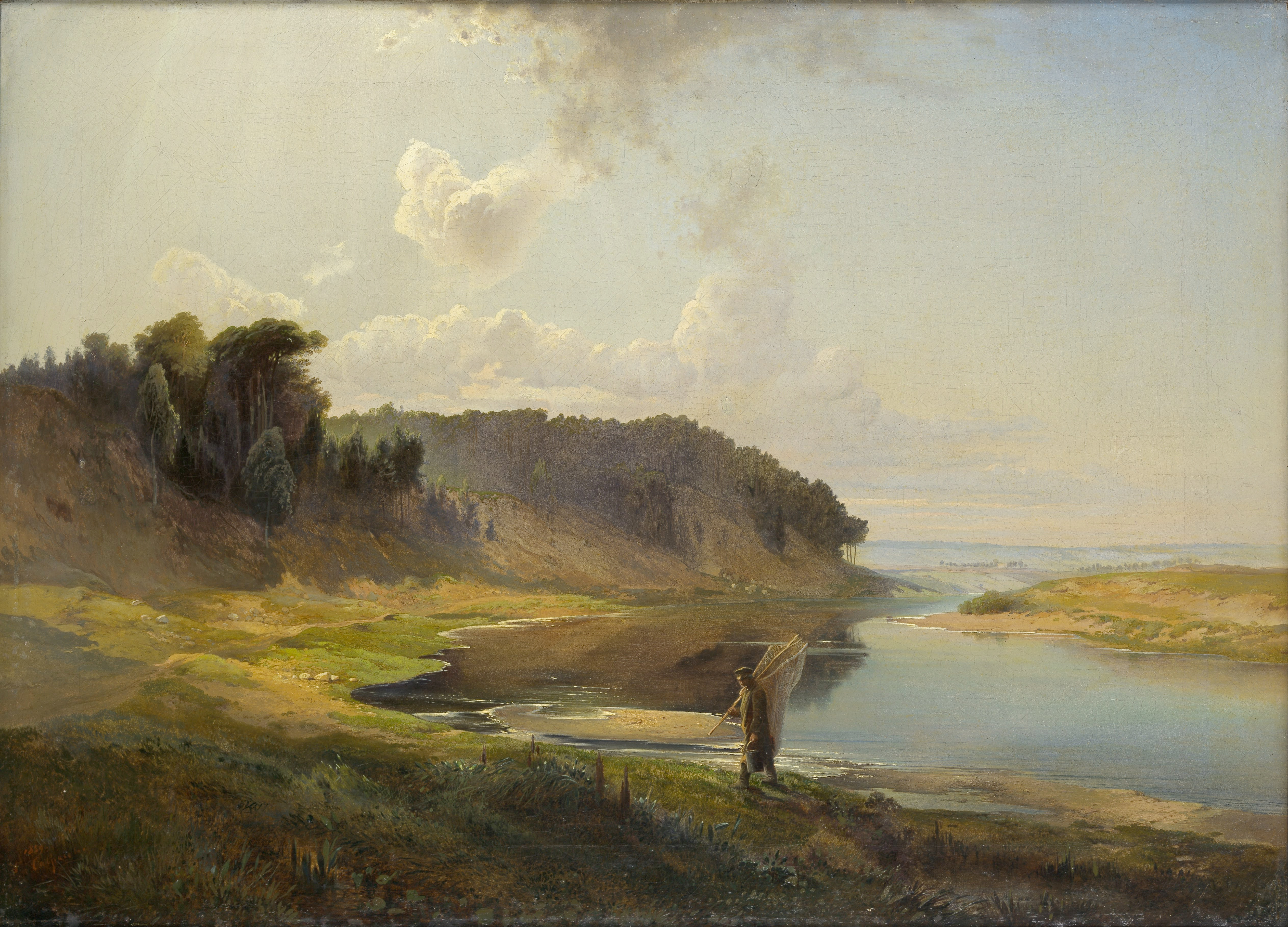 Пейзаж в художественном произведении. Саврасов пейзаж с рекой и рыбаком 1859.