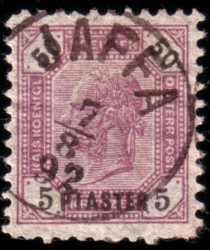 Austrian stamp: 5 Piaster overprint to regular Austrian 50 Kreuzer stamp, cancelled August 7, 1892 in Jaffa Austrian 5pon50Kr Levant.JPG