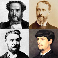 Dukas's teachers, Georges Mathias (top l.), Théodore Dubois (top r.) and Ernest Guiraud (bottom l.), and Dukas' fellow student Claude Debussy