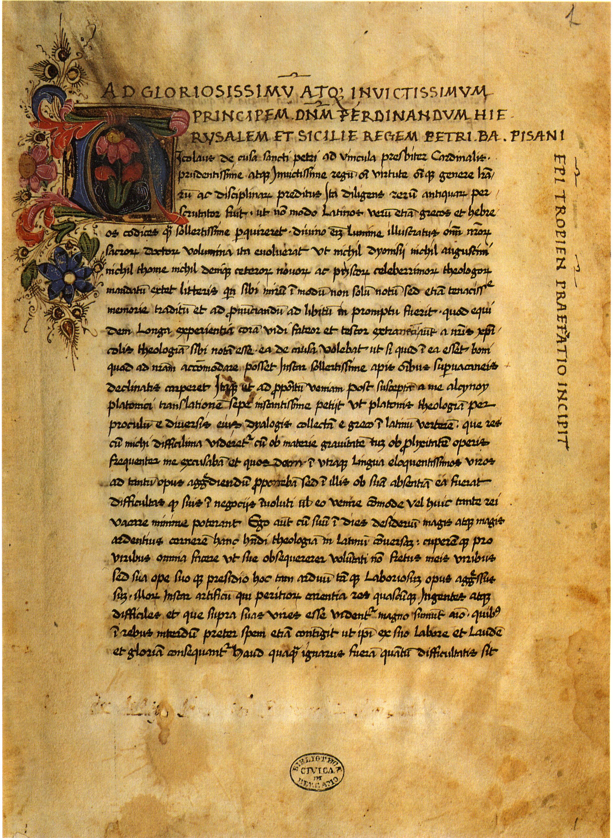 Carta de dedicación al rey [[Fernando I de Nápoles