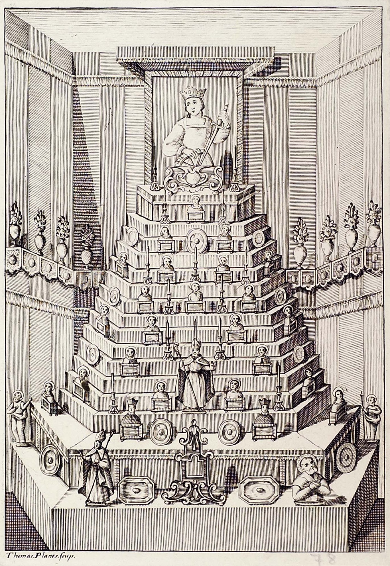 ''Altar de santa Catalina mártir'', buril, estampa separara de la página 218 de la obra de José Vicente Ortí, ''Fiestas centenarias con que la ciudad de Valencia celebró en ... 1738 la quinta centuria de su Christiana Conquista'', Valencia, Antonio Bordazar, 1740