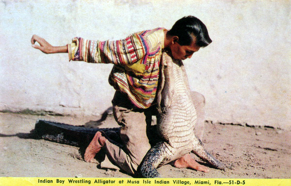 File:"Indian Boy Wrestling Alligators at Musa Isle Indian Village, Miami, Fla." (11206426503).jpg