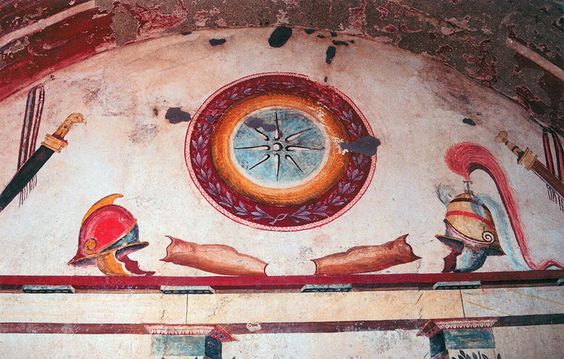 Ancient Macedonian paintings of Hellenistic-era military armor, arms, and gear from the Tomb of Lyson and Kallikles in ancient Mieza (modern-day Lefkadia), Imathia, Central Macedonia, Greece, dated 2nd century BC.
