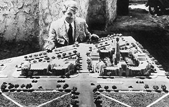 Actor Will Rogers with a 1934 model of the City Hall development proposal