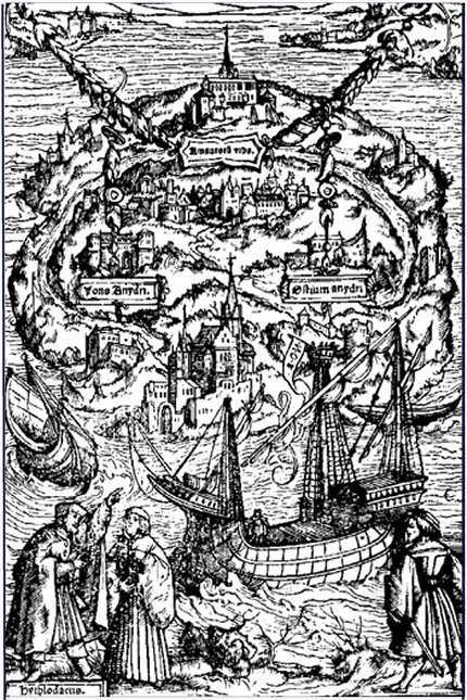 Woodcut by Ambrosius Holbein for the 1518 edition of Thomas More's Utopia