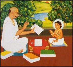 Dharmadev teaching Ghanshyam from the scriptures