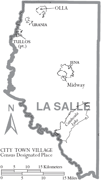 Map of LaSalle Parish, with municipal labels