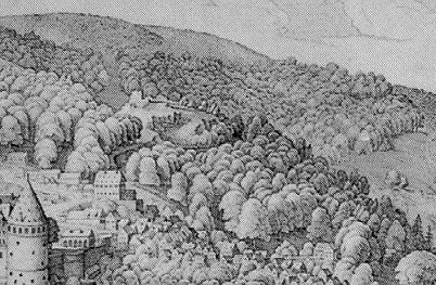 Der Merian-Stich von 1620 zeigt noch Mauerreste der Burg