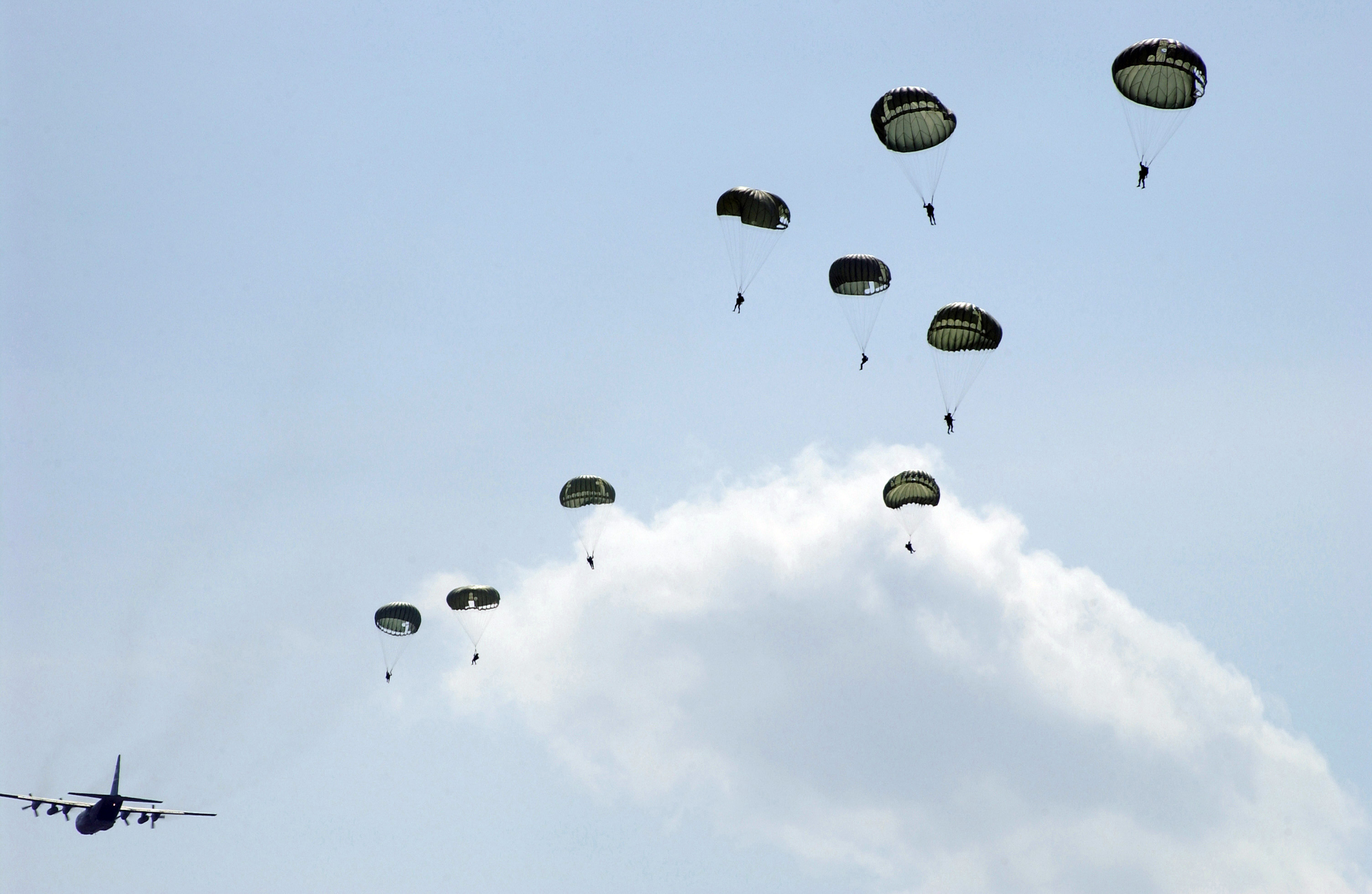 File:US Air Force (USAF) Paratroopers jump from a USAF C-130 Hercules  aircraft during a
