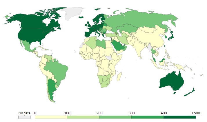 Motor vehicle ownership per 1000 inhabitants in 2014