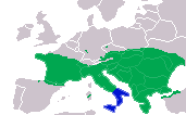 Bản đồ sinh sống tại châu Âu của chi Aesculapian (màu lục) và loài Aesculapian Italia (màu xanh)