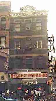 Billy's Topless after removal of the apostrophe on its sign, making it "Billy Stopless". This was done in 1998 to avoid being closed down by the first wave of new zoning laws in New York City. Billys Topless.jpg