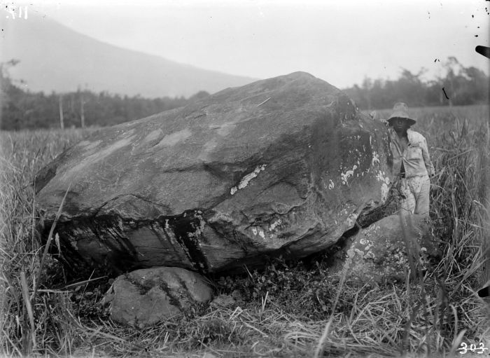 File:COLLECTIE TROPENMUSEUM Man poseert naast een megalitisch grafmonument in een rijstveld bij Tandjoengara TMnr 10025742.jpg