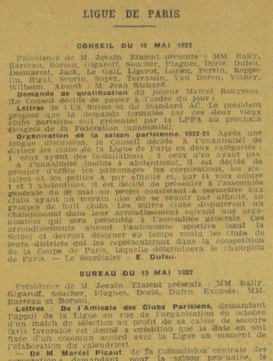 Ligue de Paris - Conseil du 19 mai 1922