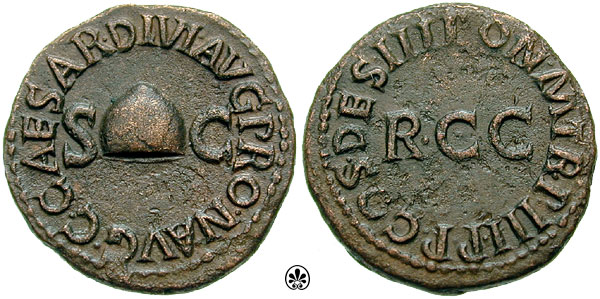 Quadrans celebrating the abolition of a tax in AD 38 by Caligula.[156] The obverse of the coin contains a picture of a Pileus which symbolizes the liberation of the people from the tax burden. Caption: C. CAESAR DIVI AVG. PRON[EPOS] (great-grandson of) AVG. / PON. M., TR. P. III, P. P., COS. DES. RCC. (probably Res Civium Conservatae, i.e. the interests of citizens have been preserved)