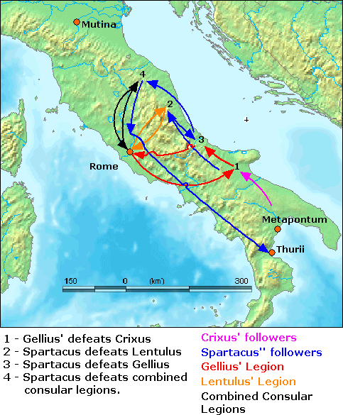 Map of Spartacus's movements of 72 BC, according to Appian's version.