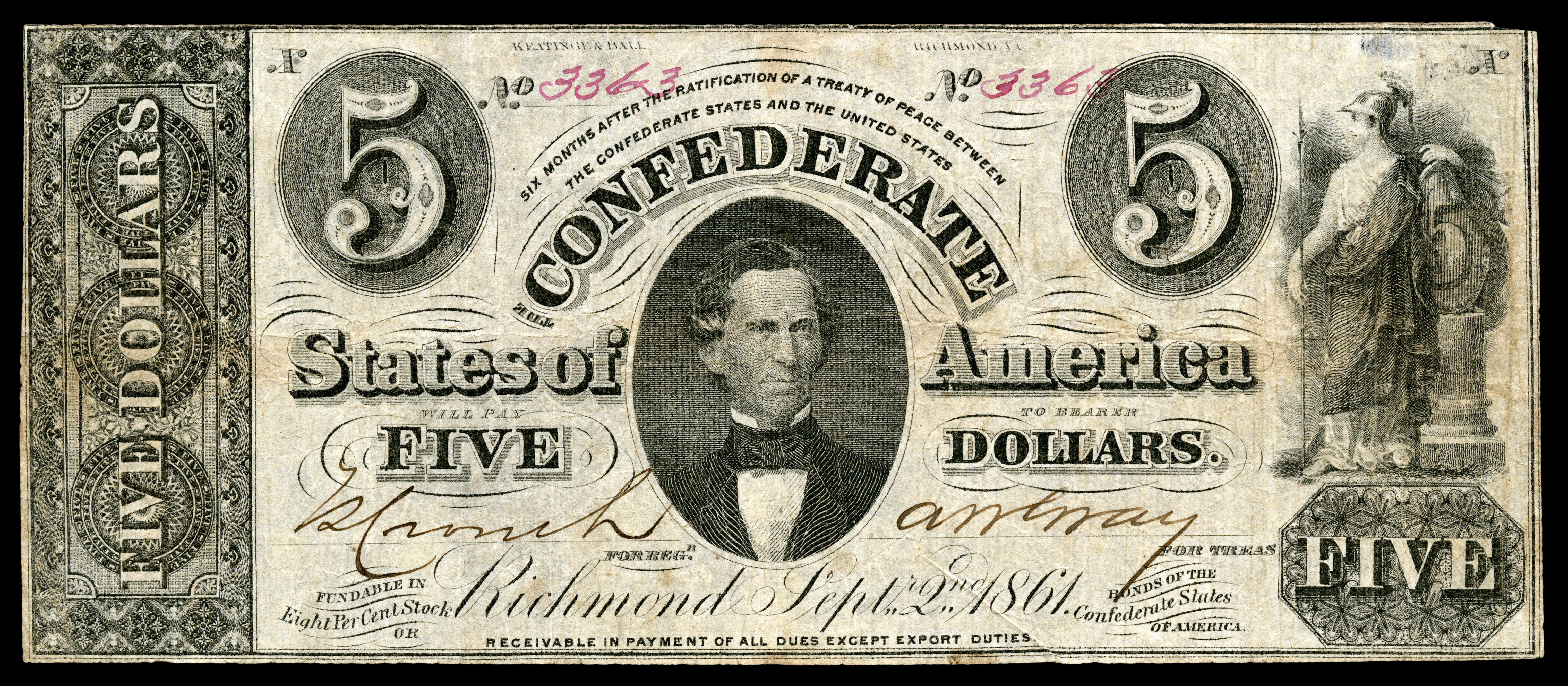 CONFEDERATE TREASURY WARRANT IN THE AMOUNT OF FIVE DOLLARS