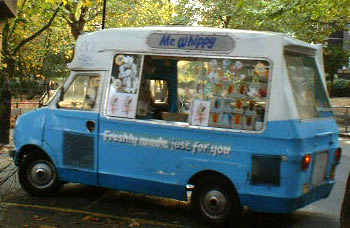 Ice cream vans, similar to this one, announce their arrivals at the stops along their "runs" with musical chimes, played via loudspeakers