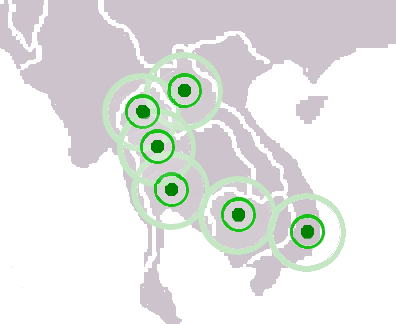 Intersecting mandalas circa 1360: from north to south: Lan Xang, Lanna, Sukhothai, Ayutthaya, Khmer and Champa.