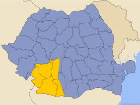 Mapa de Rumanía con Oltenia señalada