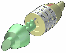 The discs are mounted on one side of the lock, which may in turn be attached to the end of a chain or cable. The other side of the lock, or the other end of the cable, has a pin with several protruding teeth. Combination unlocked.png