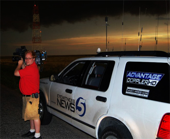 One of KOCO-TV's stormchasing vehicles outside the station's studios in Oklahoma City; as of April 18, 2013, KOCO no longer utilizes the Eyewitness News name (having rebranded as KOCO 5 News). The vehicle also features one of their Doppler radar brands.