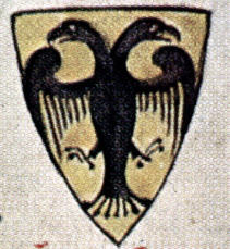 Arms of Otto IV as shown in Chronica Maiora (ca. 1250), early depiction of a double-headed Reichsadler
