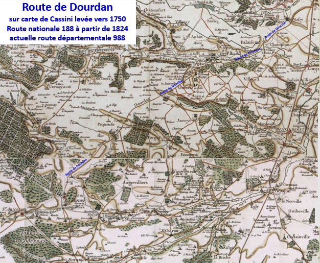 cesta de Dourdan kolem roku 1750 na mapě Cassini (aktuální RD 988)