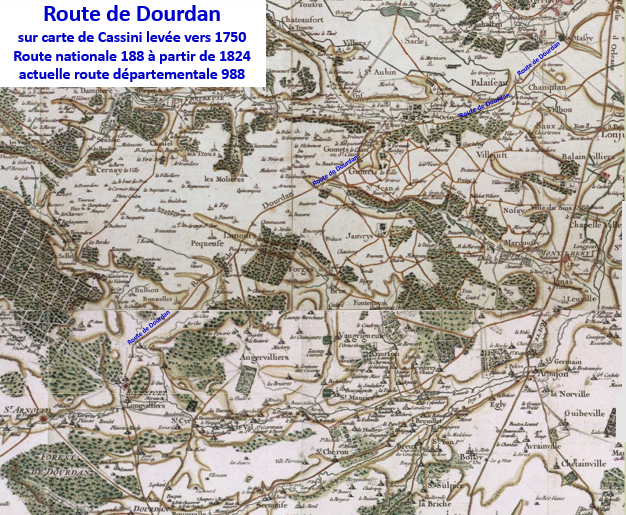 Route de Dourdan um 1750 auf einer Cassini-Karte (aktuelle RD 988)