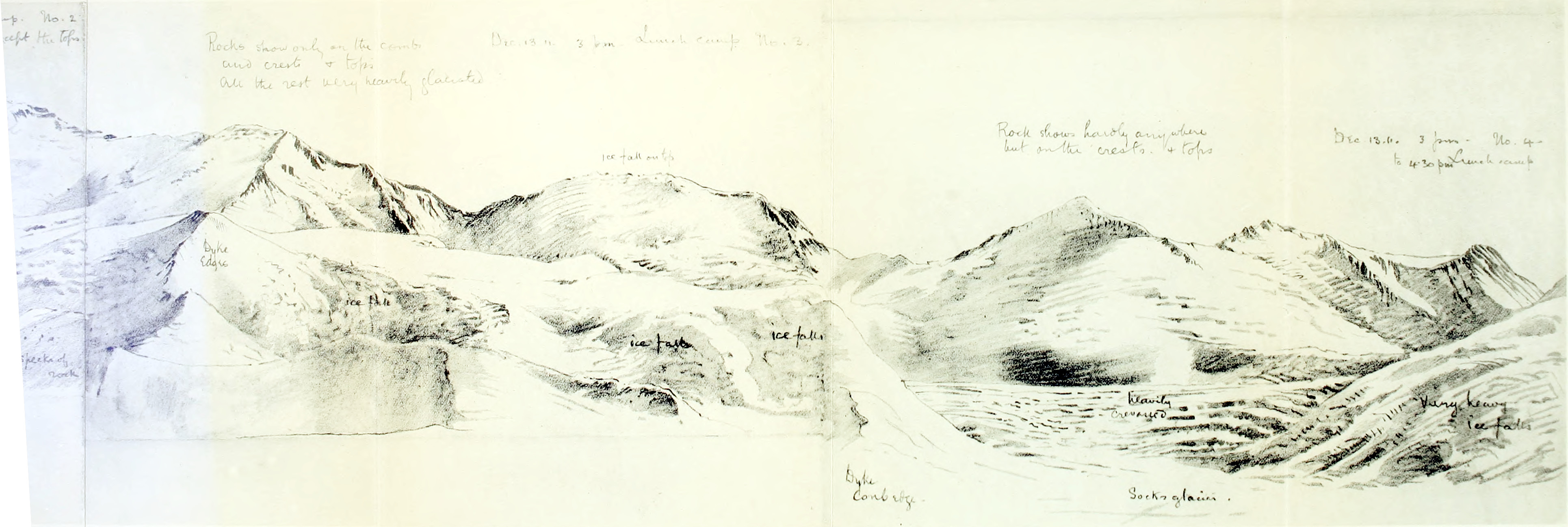 Fold-out panoramic drawing of mountains with handwritten notes