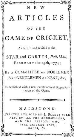 New articles of the game of cricket, 25 February 1774 CricketRules.png