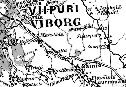 Pueblo de Yläsäiniö en un mapa finlandés de 1923