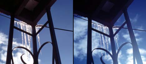 The 80A filter, mainly used to correct for the excessive redness of tungsten lighting, can also be used to oversaturate scenes that already have blue. The photo on the left was shot with a polarizer, while the one on the right was shot with a polarizer and an 80A filter.
