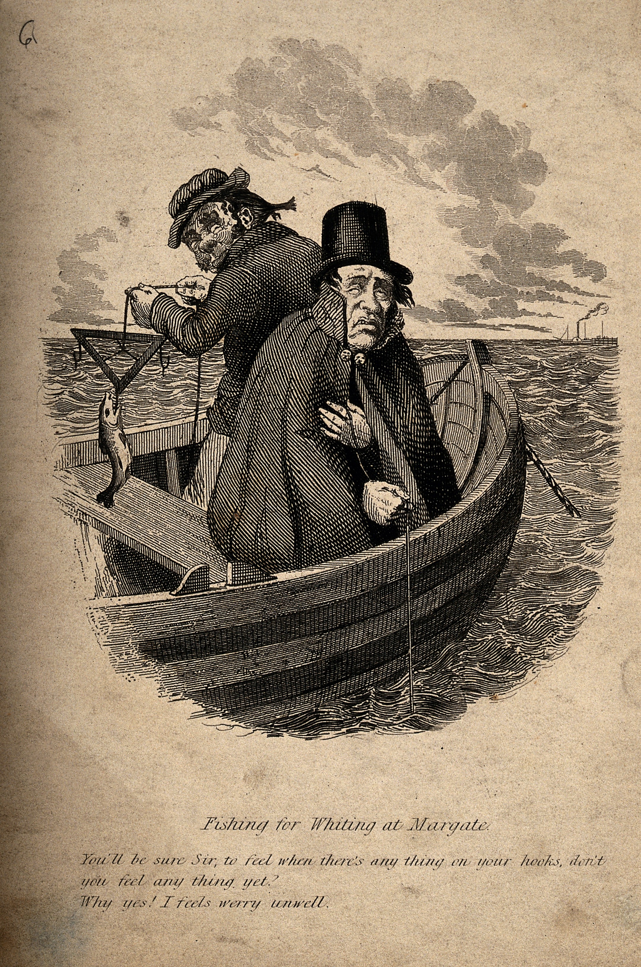 File:Two men at sea in a fishing boat; one leans over the side, f