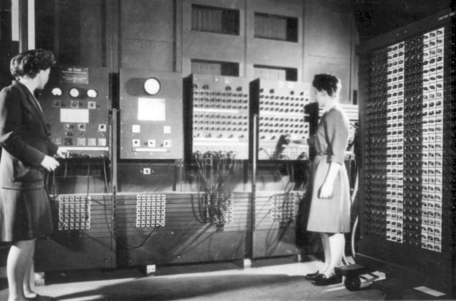 Programmers Betty Jean Jennings (left) and Fran Bilas (right) operate ENIAC's main control panel