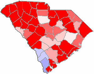 1990 South Carolina gubernatorial election map, by percentile by county.
65+% won by Campbell
60%-64% won by Campbell
55%-59% won by Campbell
50%-54% won by Campbell
<50% won by Campbell
50%-54% won by Mitchell
55%-59% won by Mitchell 1990SCGovResults.png