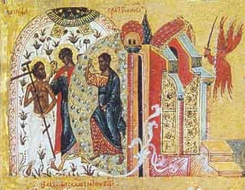 An icon showing Christ (center) bringing Dismas (left) into Paradise: At the right are the Gates of Paradise, guarded by a seraph (Solovetsky Monastery, 17th century).