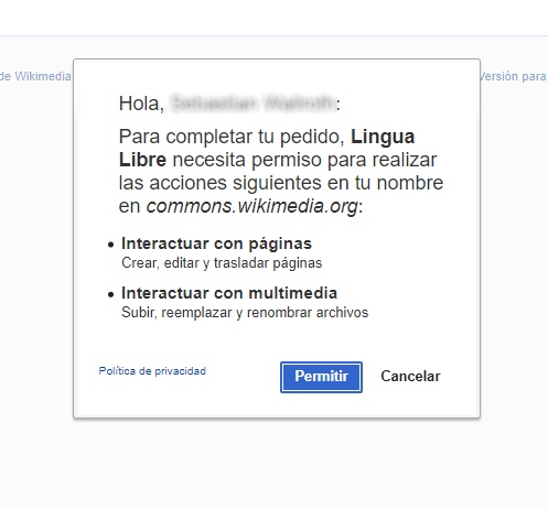 Screenshot of the dialog box to allow Lingua Libre to upload on your behalf on Wikimedia Commons