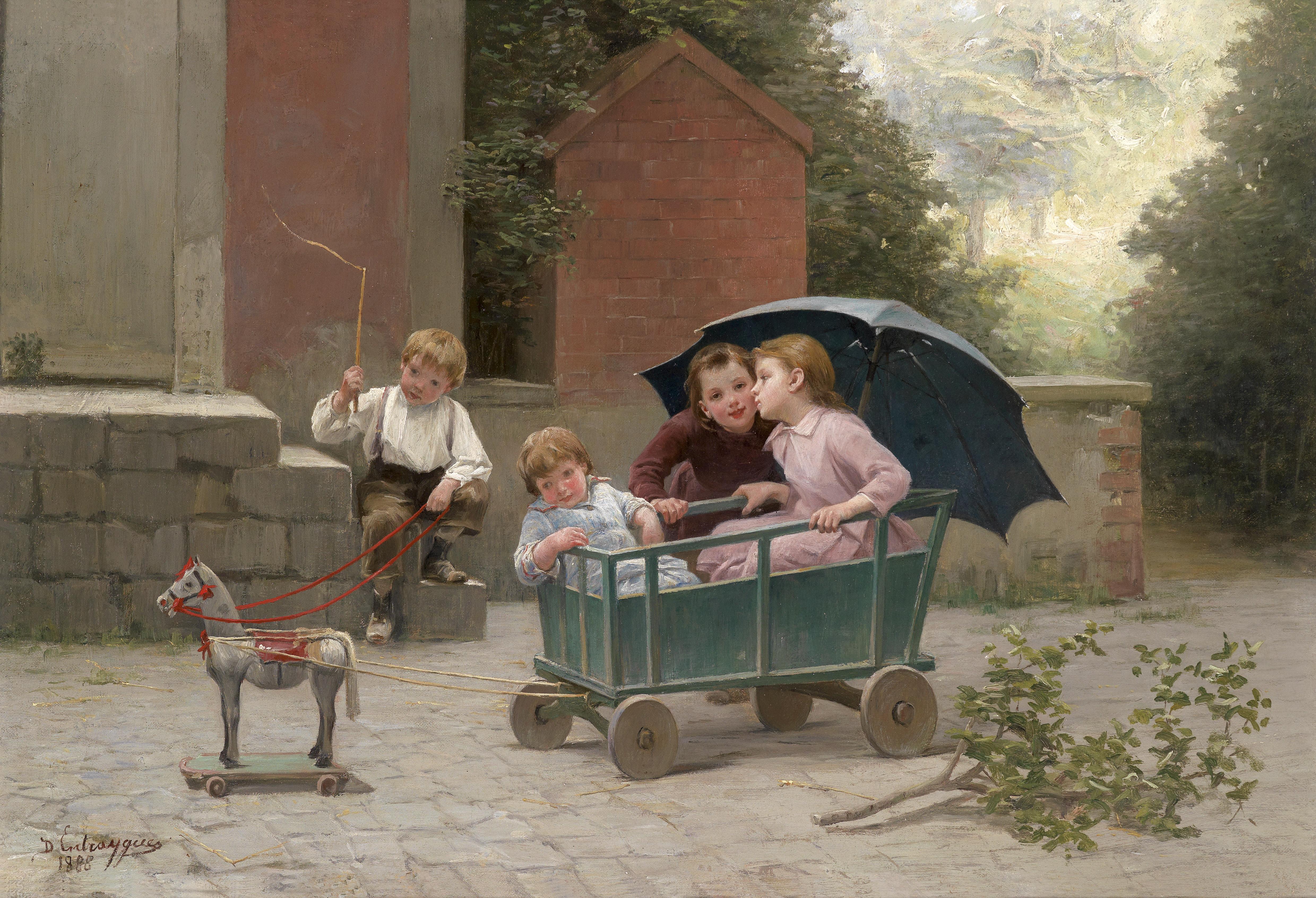 Детская игра в лошадки. Charles Bertrand d'Entraygues (1850-1929). Франция. Играющие дети в живописи. Картины художников с детьми.