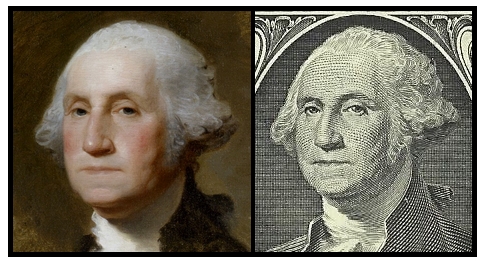 Comparison between Gilbert Stuart's 1796 Athenaeum Portrait and the image on the obverse of the bill. The image from the dollar bill above shows the subject flipped horizontally for ease of comparison.