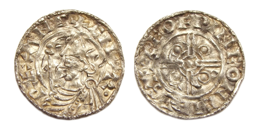 AR penny, minted in Chichester under Cnut the Great between 1024-1030 AD. Moneyer: Leofwine.