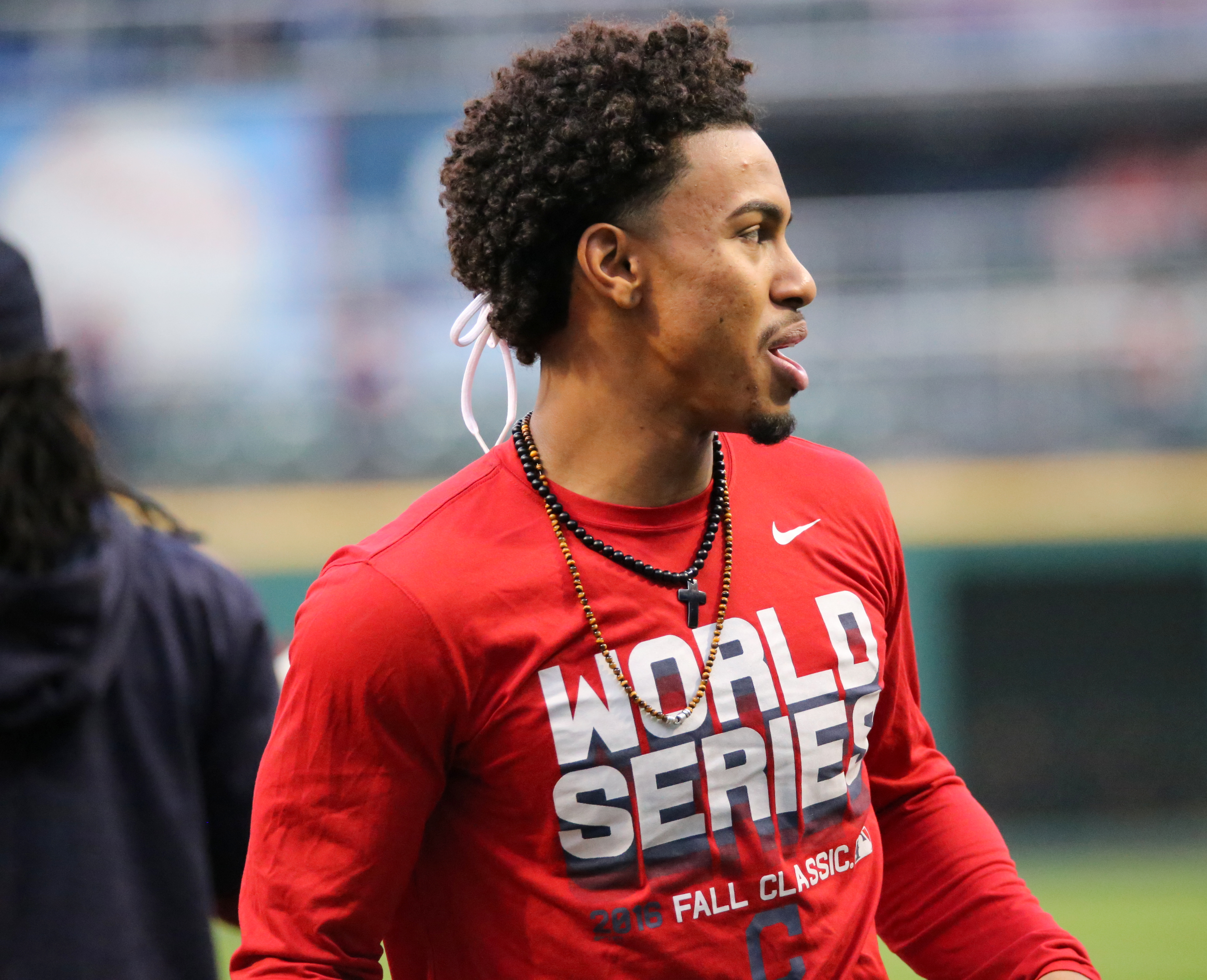 File:Indians shortstop Francisco Lindor looks on during batting practice  before World Series Game 6. (30632991521).jpg - Wikimedia Commons