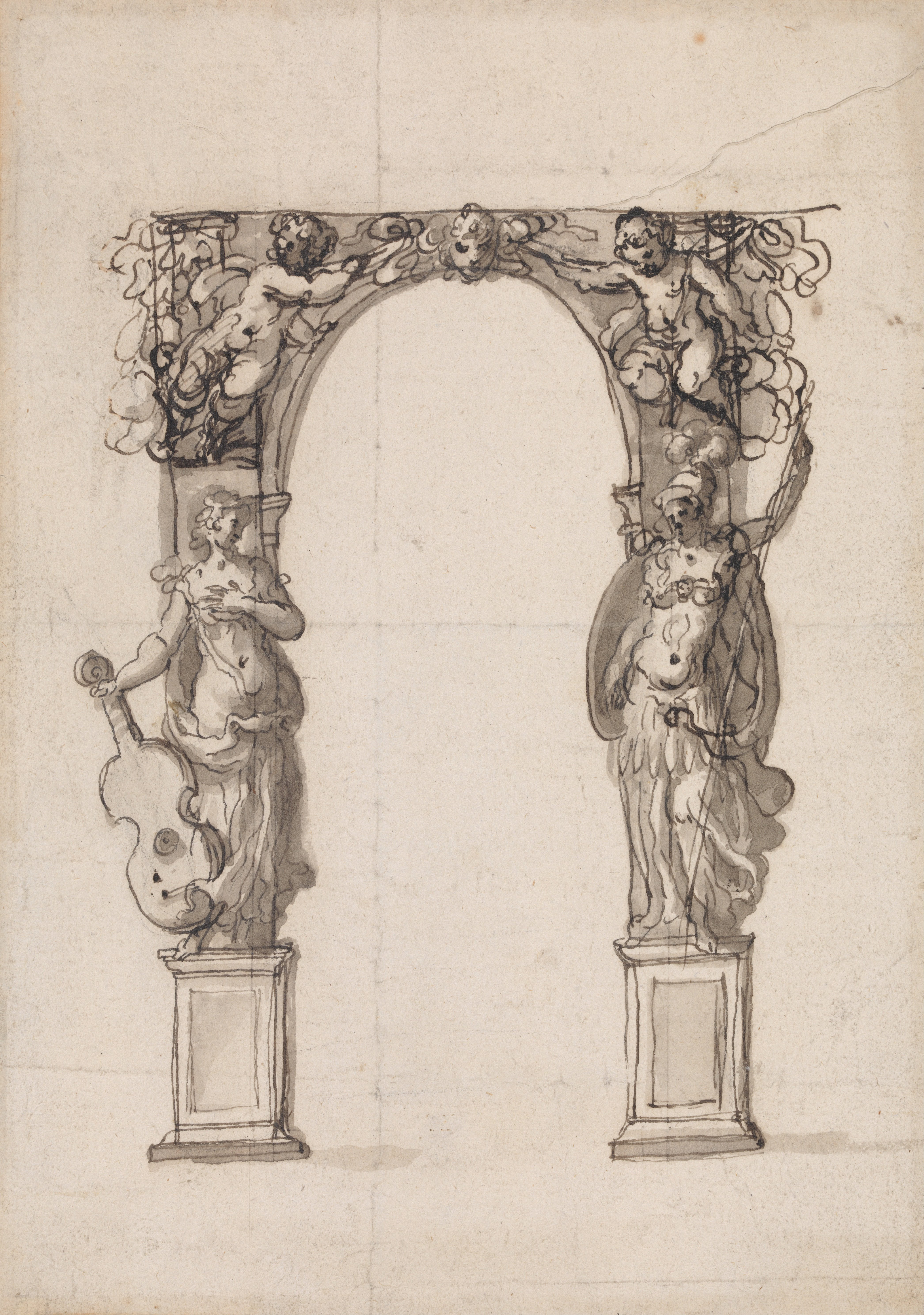 File Inigo Jones Design For A Temporary Arch Ornamented With Putti And Allegorical Figures Of Music And War Google Art Project Jpg Wikimedia Commons