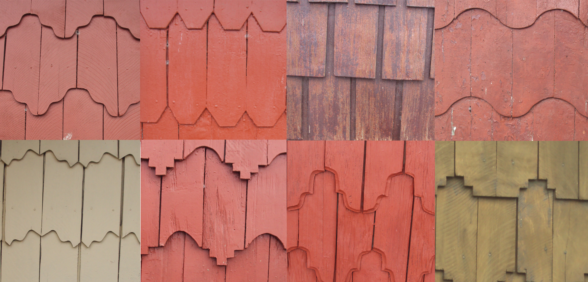 Collage of different styles of wood shingles used in Chiloé architecture.