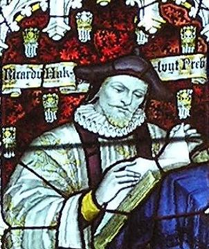 Hakluyt depicted in stained glass in the west window of the south transept of Bristol Cathedral – Charles Eamer Kempe, c. 1905.