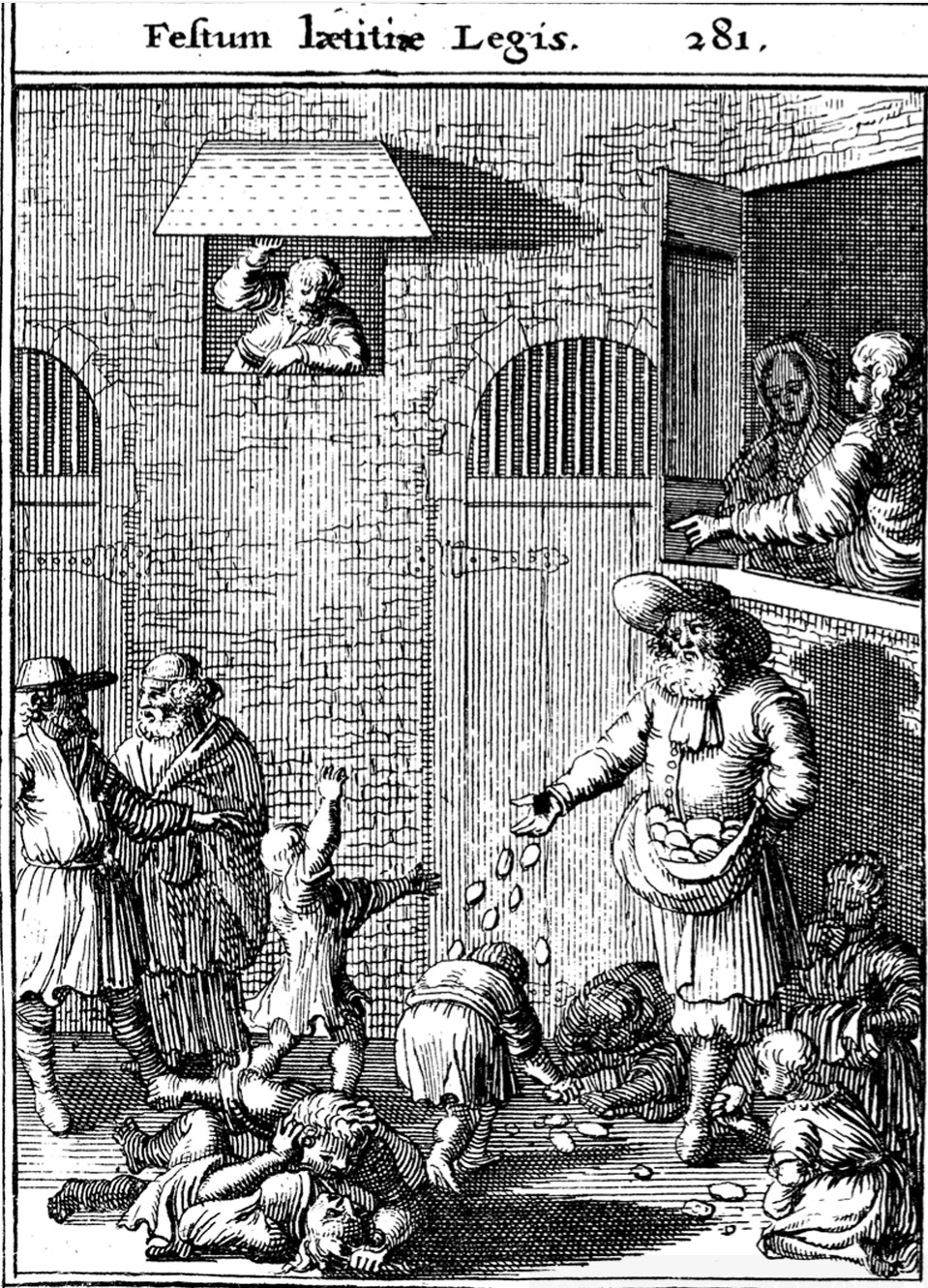 Throwing cakes to children on Simḥat Torah, by Johann Leusden in Philologus Hebræo-Mixtus, Utrecht, 1657